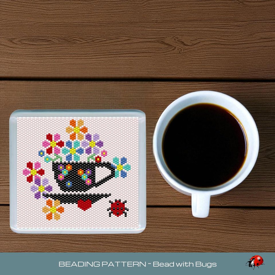Peyote Stitch Beaded Coaster Pattern by Bead with Bugs, GARDEN TEA CUP