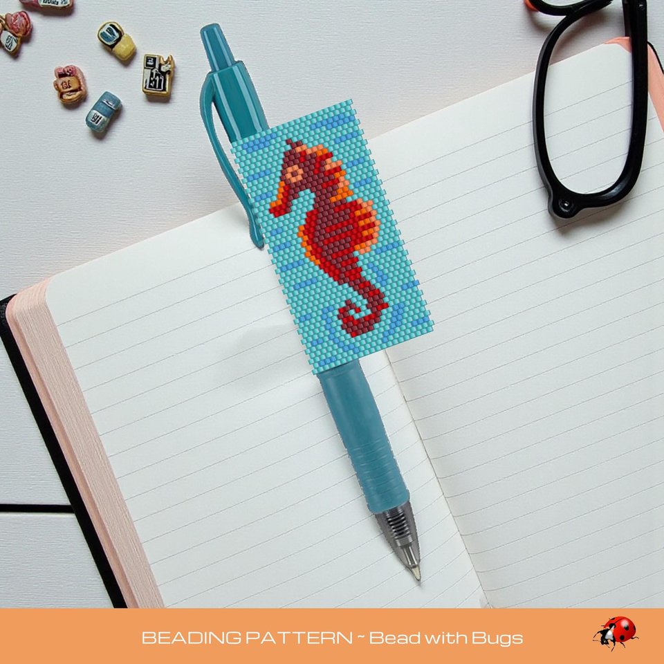 Peyote Stitch Beaded Pen Wrap by Bead with Bugs, SEAHORSE, Beaded Pen Wrap Cover for a Pilot G2 Pen