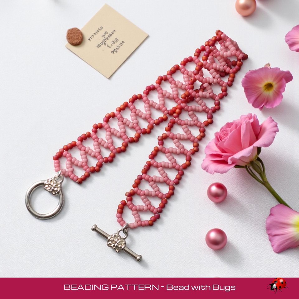 Chevron Chain Stitch Beaded Bracelet Pattern, ROSE GARDEN, PDF Full Instructions