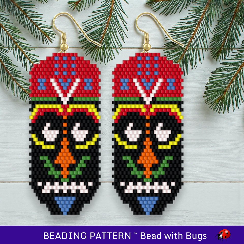 Brick Stitch Beaded Earrings Pattern: Ethnic Mask 2 Design (PDF)