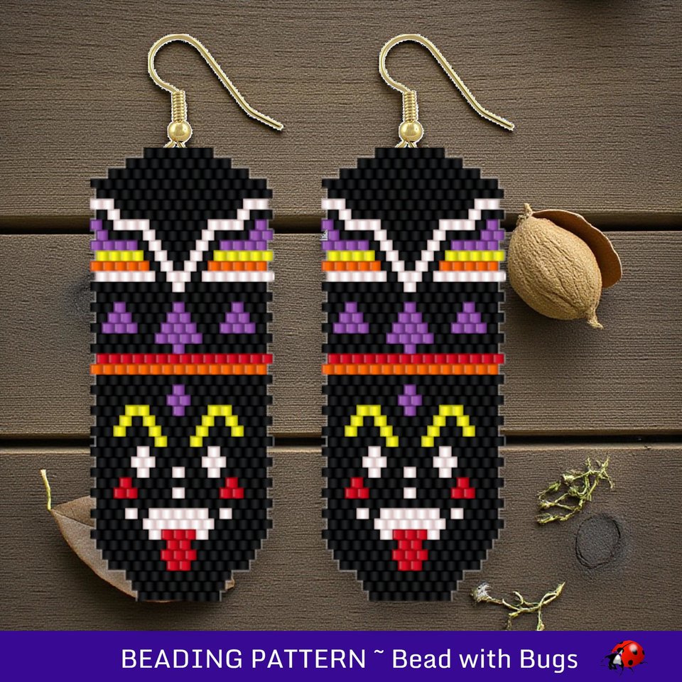 Brick Stitch Beaded Earrings Pattern: Ethnic Mask 3 Design (PDF)