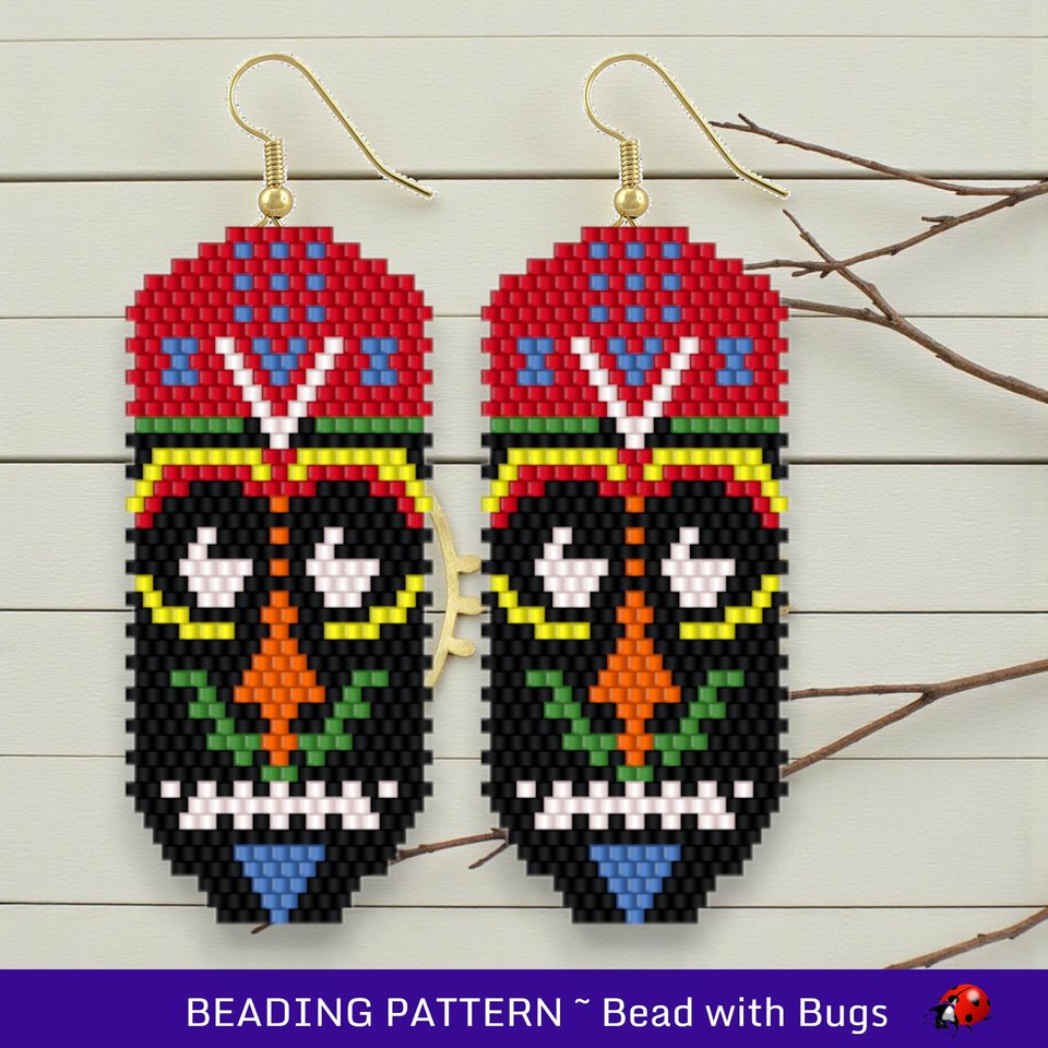 Brick Stitch Beaded Earrings Pattern: Ethnic Mask 2 Design (PDF)