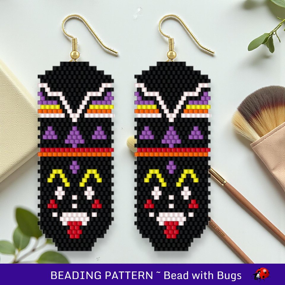 Brick Stitch Beaded Earrings Pattern: Ethnic Mask 3 Design (PDF)