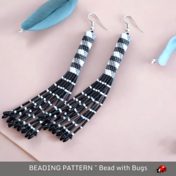 BLACK GINGHAM: Peyote Stitch Fringed Tube Earring Pattern by Bead with Bugs