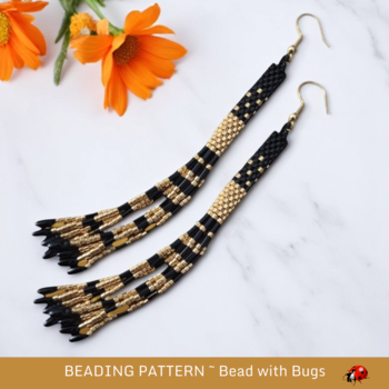 BLACK AND GOLD: Peyote Stitch Fringed Tube Earring Pattern by Bead with Bugs