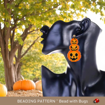 STACKED JACK O'LANTERN:  Brick Stitch Beaded Earrings Pattern by Bead with Bugs