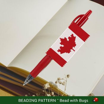 Peyote Stitch Beaded Pen Wrap by Bead with Bugs, Canadian Flag, Beaded Pen Wrap Cover for a Pilot G2 Pen